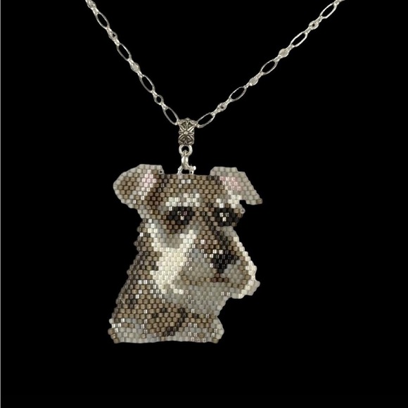 Hand crafted Beaded Schnauzer Dog Pendant Necklace Silver Plated Chain - Picture 1 of 4